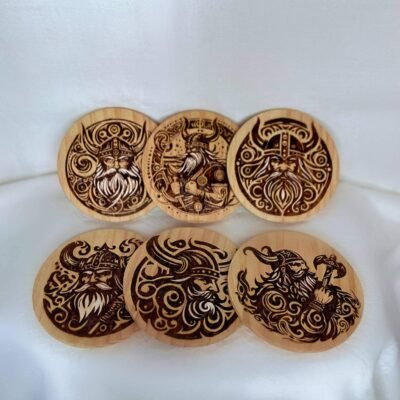 Sous-verres en bois « Viking » Lot de 6 pièces avec portant en fer Louve de Lune pour Pyro'Art