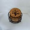 Sous-verres en bois pyrogravés sur le thème des arbres de vie. Louve de Lune pour Pyro'Art.