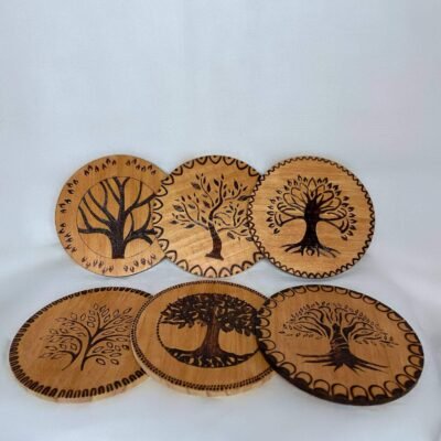 Lot de 6 sous-verres pyrogravés sur le thème des arbres de vie Louve de Lune pour Pyro'Art