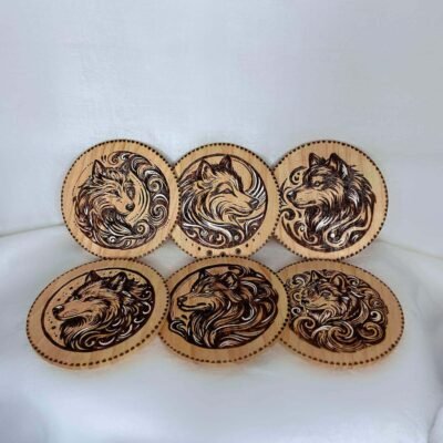 Lot de 6 sous-verres pyrogravé sur le thème du loup "Wolf" Louve de Lune pour Pyro'Art