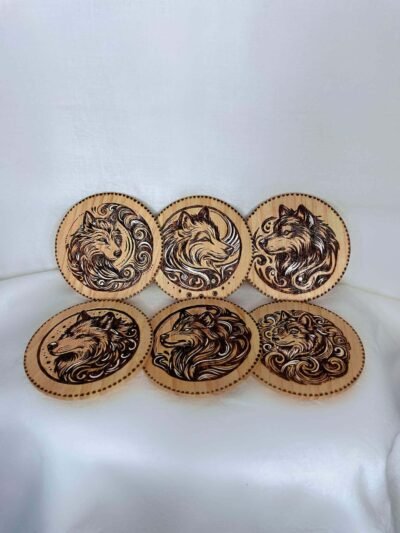 Lot de 6 sous-verres pyrogravé sur le thème du loup "Wolf" Louve de Lune pour Pyro'Art