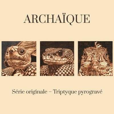 Triptyque pyrogravé Achaïque - Tortue, serpent, iguane - Série originale de Louve de Lune, Pyro'art