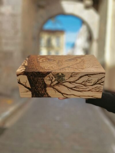 Face avant du coffret en bois. Vue sur l'arbre et les branches. Pyrogravure d'un hibou personnalisé. Création originale de Louve de Lune pour Pyro'Art.