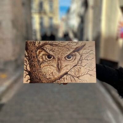 Hibou dans les branches d'arbre, pyrogravure sur coffret en bois. idée cadeau de Noël artisanal. Art animalier. création artisanales Pyro'Art - Louve de Lune