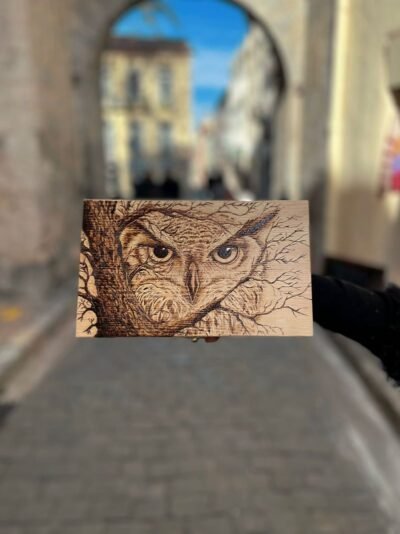 Hibou dans les branches d'arbre, pyrogravure sur coffret en bois. idée cadeau de Noël artisanal. Art animalier. création artisanales Pyro'Art - Louve de Lune