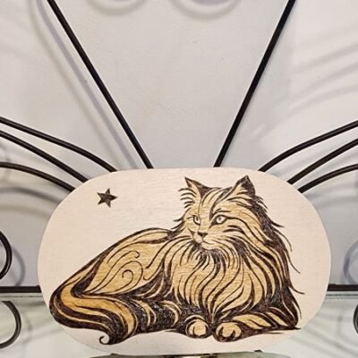 Boîte pyrogravée chat – coffret en bois avec motif félin et étoiles, création artisanale Pyro’Art.