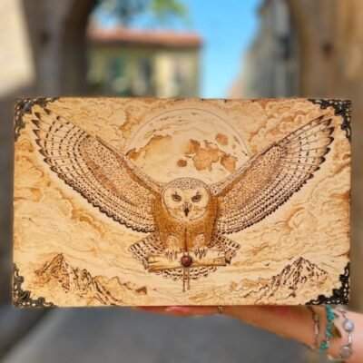 Gros plan sur la pyrogravure d’une chouette aux ailes ouvertes devant la lune sur une boîte à thé en bois