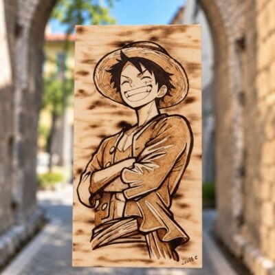 Tableau manga One Piece Luffy en pyrogravure sur bois – Pyro’Art