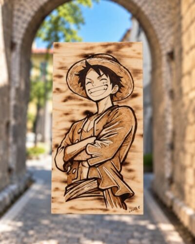 Tableau manga One Piece Luffy en pyrogravure sur bois – Pyro’Art