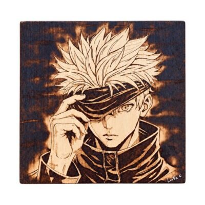 Tableau manga Jujutsu Kaisen Gojo Satoru en pyrogravure sur bois – Pyro’Art