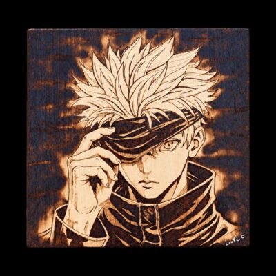 Tableau manga Jujutsu Kaisen Gojo Satoru en pyrogravure sur bois – Pyro’Art