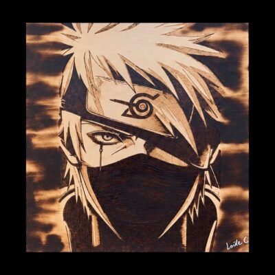 Tableau manga Naruto Kakashi Hatake en pyrogravure sur bois – Pyro’Art