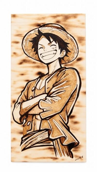 Tableau manga One Piece Luffy en pyrogravure sur bois – Pyro’Art