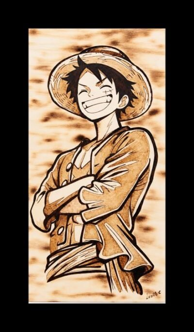 Tableau manga One Piece Luffy en pyrogravure sur bois – Pyro’Art
