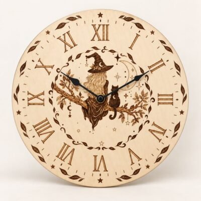 Horloge murale sorcière et chat noir en bois pyrogravé