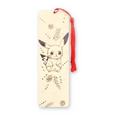 Marque-page Pikachu en bois pyrogravé avec fleurs et feuillages